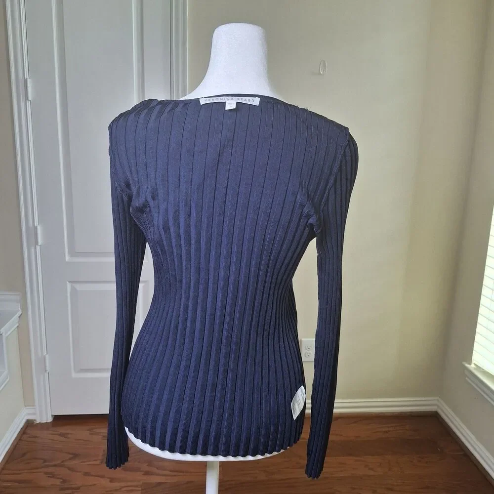 Veronica Beard Clara Ribbed Top Navy M Square Neck Dark Academia Preppy Coquette